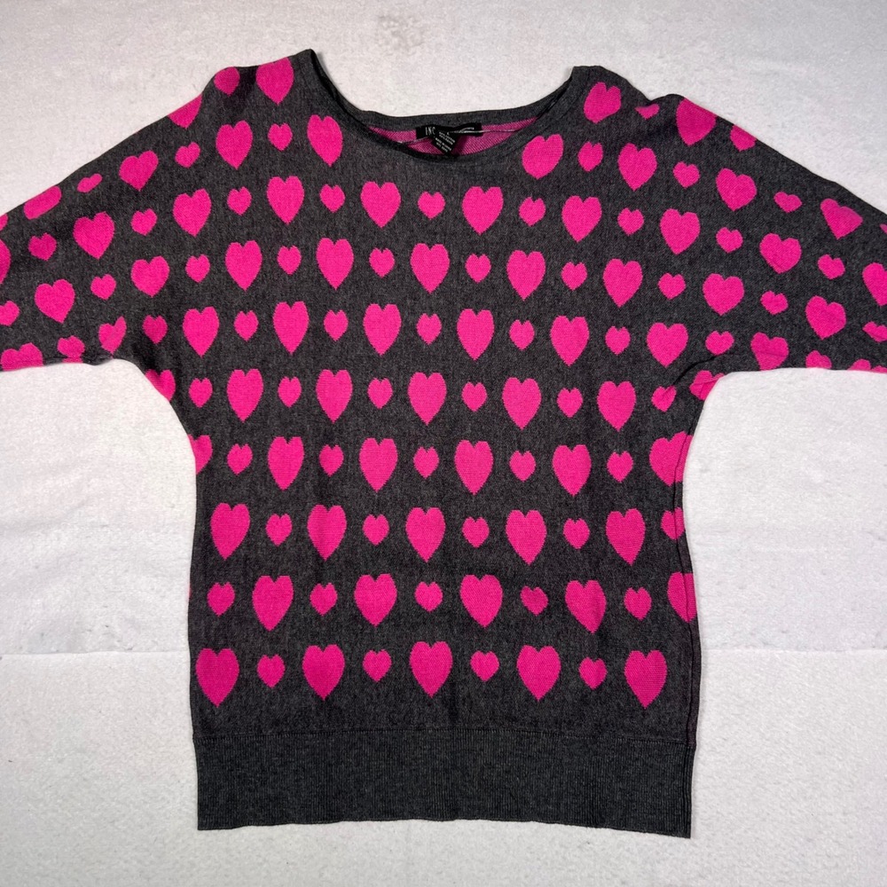 INC International Concepts Heart Sweater Womens Large Gray Pink Excellent